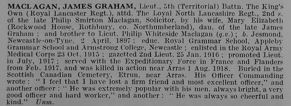 MacLagan J G Lt 5th Kings Own Royal Lancaster Regiment Obit De Ruvignys Roll Of Honour Vol 5