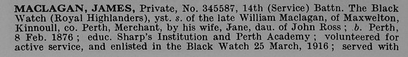 MacLagan J Pte 345587 14th Black Watch Obit Part 1 De Ruvignys Roll Of Honour Vol 5