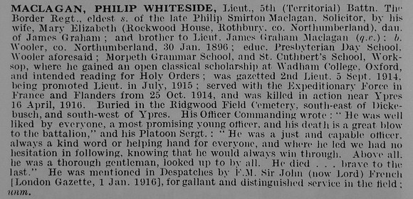 MacLagan P W Lt 5th Border Regiment Obit De Ruvignys Roll Of Honour Vol 5