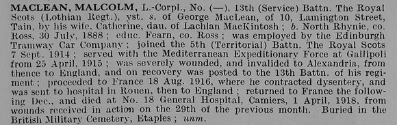 MacLean M L/Cpl 40019 13th Royal Scots Obit De Ruvignys Roll Of Honour Vol 5