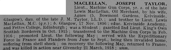 MacLellan J T Lt Machine Gun Corps Obit De Ruvignys Roll Of Honour Vol 5