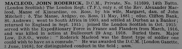 MacLeod J R Pte DCM 511699 14th London Regiment Obit De Ruvignys Roll Of Honour Vol 5