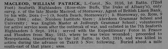 MacLeod W P L/Cpl 3116 1st Seaforth Highlanders Obit De Ruvignys Roll Of Honour Vol 5
