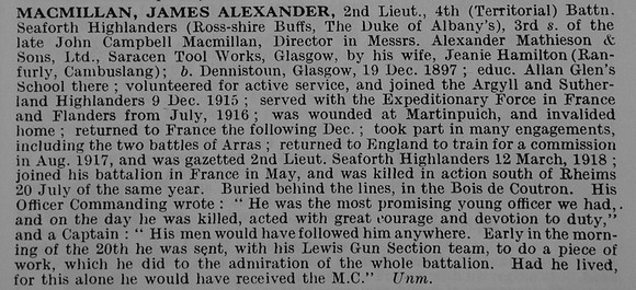 MacMillan J A 2nd Lt 4th Seaforth Highlanders Obit De Ruvignys Roll Of Honour Vol 5