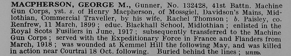 MacPherson G M Gnr 132428 Machine Gun Corps Obit De Ruvignys Roll Of Honour Vol 5