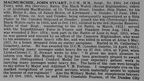MacMurchie J S Sergt DCM MM 2301 1st Attd 8th Black Watch Obit Part 1 De Ruvignys Roll Of Honour Vol 5
