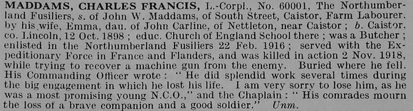Maddams C F L/Cpl 60001 9th Northumberland Fusiliers Obit De Ruvignys Roll Of Honour Vol 5