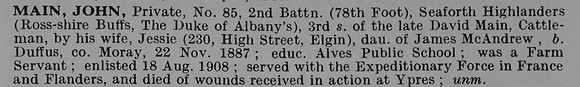 Main J Pte 85 2nd Seaforth Highlanders Obit De Ruvignys Roll Of Honour Vol 5