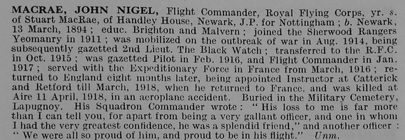 MacRae J N Flt Comm Royal Flying Corps Obit De Ruvignys Roll Of Honour Vol 5