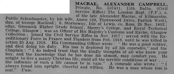 MacRae A C Pte 537411 15th London Regiment Obit De Ruvignys Roll Of Honour Vol 5
