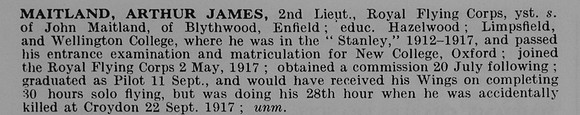 Maitland A J 2nd Lt Royal Flying Corps Obit De Ruvignys Roll Of Honour Vol 5