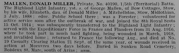 Mallen D M Pte 40190 5th Highland Light Infantry Obit