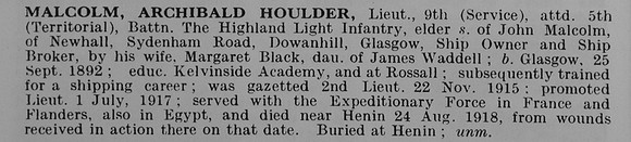 Malcolm A H Lt 9th Attd 5th Highland Light Infantry Obit De Ruvignys Roll Of Honour Vol 5
