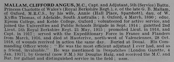Mallam C A Captain MC 5th Royal Berkshire Regiment Obit De Ruvignys Roll Of Honour Vol 5