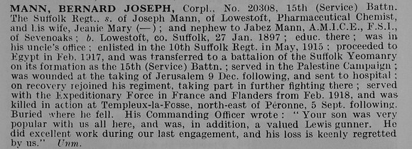 Mann B J Cpl 20308 15th Suffolk Regiment Obit De Ruvignys Roll Of Honour Vol 5
