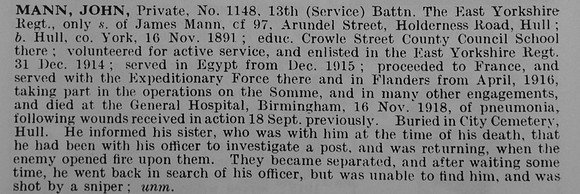 Mann J Pte 1148 13th East Yorkshire Regiment Obit De Ruvignys Roll Of Honour Vol 5