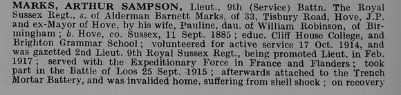 Marks A S Lt 9th Royal Sussex Regiment Obit Part 1 De Ruvignys Roll Of Honour Vol 5