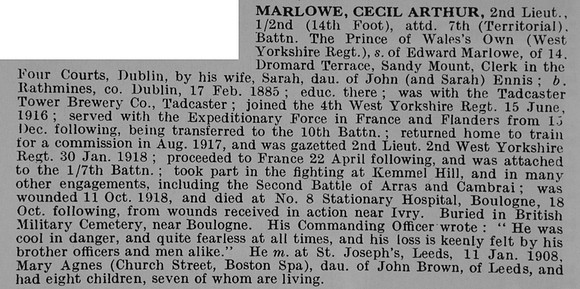 Marlowe C A 2nd Lt 2nd Attd 7th West Yorkshire Regiment Obit De Ruvignys Roll Of Honour Vol 5
