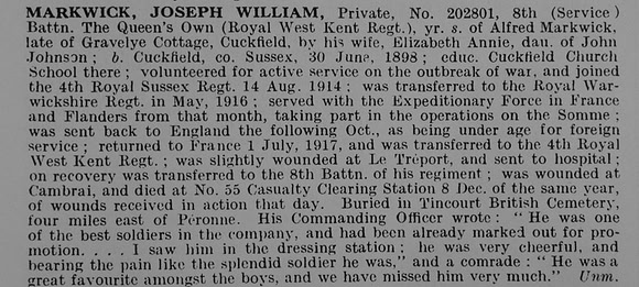 Markwick J W Pte 202801 8th Queens Own Royal West Kent Regiment Obit De Ruvignys Roll Of Honour Vol 5