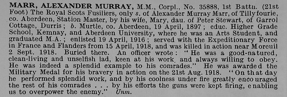 Marr A M Cpl MM 35888 1st Royal Scots Fusiliers Obit De Ruvignys Roll Of Honour Vol 5