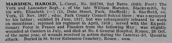 Marsden H L/Cpl 202788 2nd Yorks And Lancs Regiment Obit De Ruvignys Roll Of Honour Vol 5