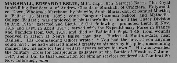 Marshall E L Captain MC 9th Royal Inniskilling Fusiliers Obit De Ruvignys Roll Of Honour Vol 5