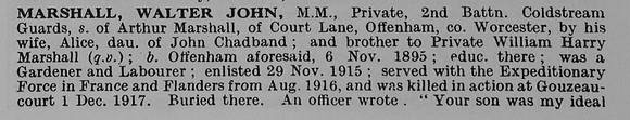 Marshall W J Pte MM 17558 2nd Coldstream Guards Obit Part 1 De Ruvignys Roll Of Honour Vol 5