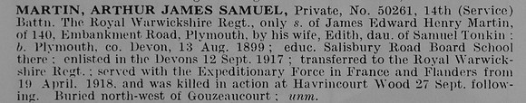 Martin A J S Pte 50261 14th Royal Warwickshire Regiment Obit De Ruvignys Roll Of Honour Vol 5