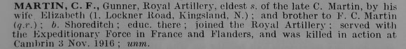 Martin C F Gnr Royal Field Artillery Obit De Ruvignys Roll Of Honour Vol 5