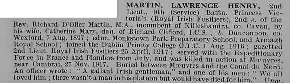 Martin L H 2nd Lt 9th Royal Irish Fusiliers Obit De Ruvignys Roll Of Honour Vol 5