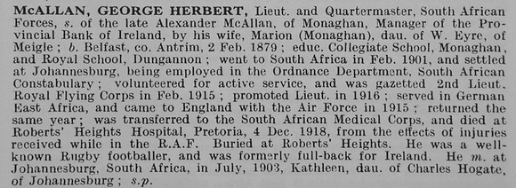 McAllan G H Lt & Qtr Mst South African Forces Obit De Ruvigny's Roll Of Honour Vol 5