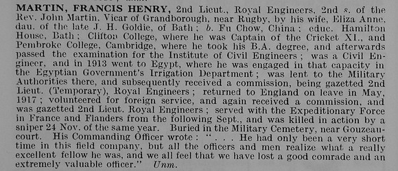 Martin F H 2nd Lt Royal Engineers Obit De Ruvignys Roll Of Honour Vol 5