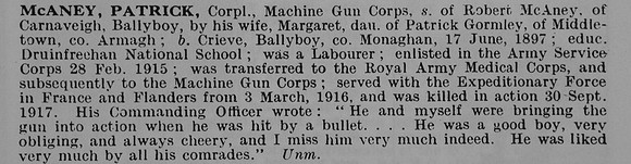 McAney P Cpl 140279 Machine Gun Corps Obit De Ruvignys Roll Of Honour Vol 5