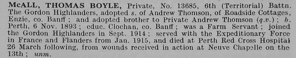 McCall T B Pte 13685 6th Gordon Highlanders Obit De Ruvignys Roll Of Honour Vol 5