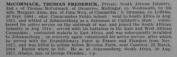 McCormack T F Pte South African Infantry Obit De Ruvignys Roll Of Honour Vol 5