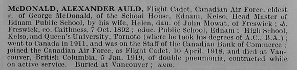 McDonald A A Flight Cadet Canadian Air Force Obit De Ruvignys Roll Of Honour Vol 5