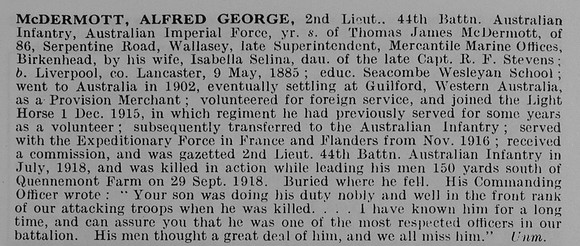 McDermott A G 2nd Lt 44th Australian Imperial Force Obit De Ruvignys Roll Of Honour Vol 5