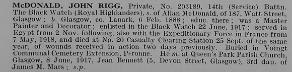 McDonald J R Pte 203189 14th Black Watch Obit De Ruvignys Roll Of Honour Vol 5