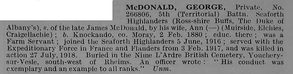 McDonald G Pte 266806 5th Seaforth Highlanders Obit De Ruvignys Roll Of Honour Vol 5