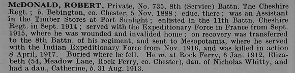 McDonald R Pte 735 8th Cheshire Regiment Obit De Ruvignys Roll Of Honour Vol 5