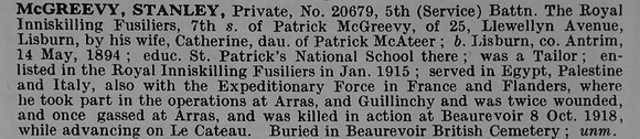 McGreevy S Pte 20679 5th Royal Inniskilling Fusiliers Obit De Ruvignys Roll Of Honour Vol 5