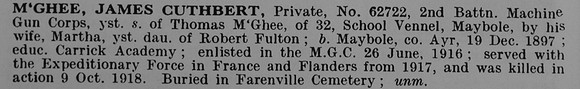 McGhee J C Pte 62722 Machine Gun Corps Obit De Ruvignys Roll Of Honour Vol 5