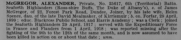 McGregor A Pte 25617 6th Seaforth Highlanders Obit De Ruvignys Roll Of Honour Vol 5