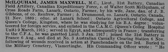 McIlquham J M Lt MC Canadian Field Artillery Obit Part 1 De Ruvignys Roll Of Honour Vol 5