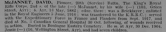 McJannet D Pnr R/40386 20th Kings Royal Rifle Corps Obit De Ruvignys Roll Of Honour Vol 5