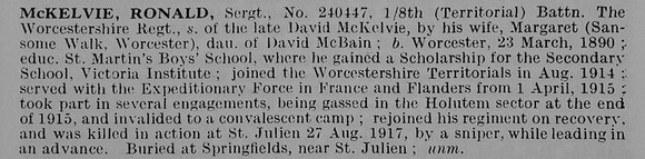 McKelvie R Sergt 240447 8th Worcestershire Regiment Obit De Ruvignys Roll Of Honour Vol 5