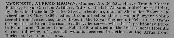 McKenzie A B Gnr 366522 Royal Garrison Artillery Obit De Ruvignys Roll Of Honour Vol 5