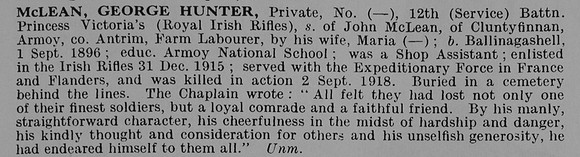 McLean G H Pte 1232 12th Royal Irish Rifles Obit De Ruvignys Roll Of Honour Vol 5