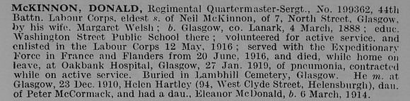 McKinnon D Regt Qtr Mst Sergt 199362 Labour Corps Obit De Ruvignys Roll Of Honour Vol 5