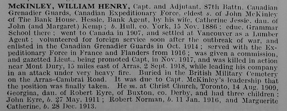 McKinley W H Captain 87th Canadian Grenadier Guards Obit De Ruvignys Roll Of Honour Vol 5
